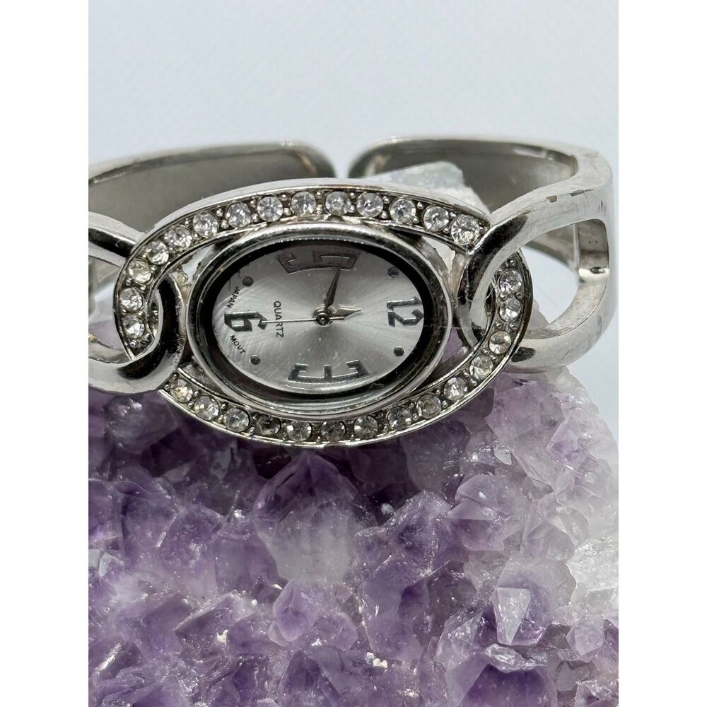 Silver Tone Rhinestone Cuff Watch Oval Face Quartz Bangle Bracelet